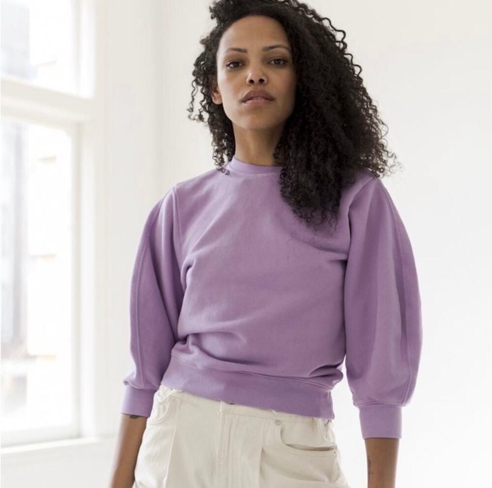 AGOLDE Thora 3/4 Voluminous Balloon Sleeve Cropped Cotton Sweatshirt Lunar Small
